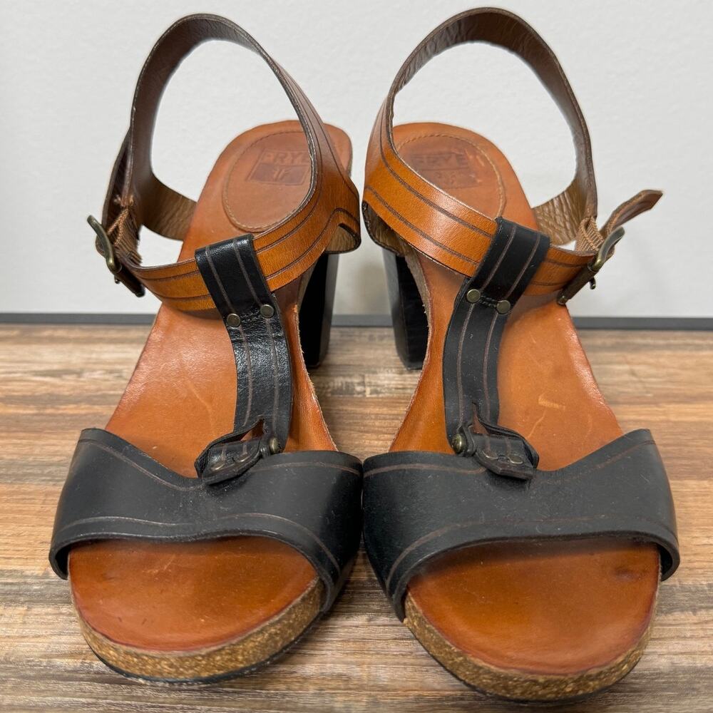 Frye Black and Brown Leather Block Heel Sandals - Picture 2 of 13